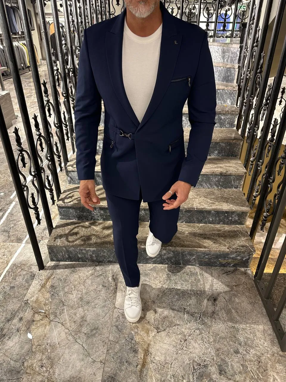 HolloMen Slim Fit Navy Blue Suit with Buckle Closure
