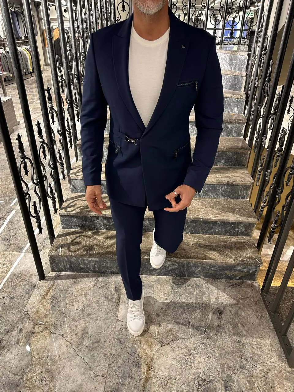 HolloMen Slim Fit Navy Blue Suit with Buckle Closure