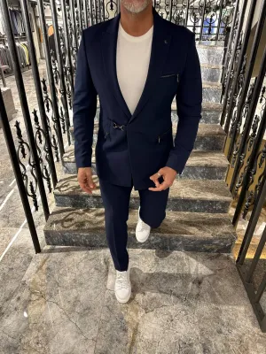 HolloMen Slim Fit Navy Blue Suit with Buckle Closure