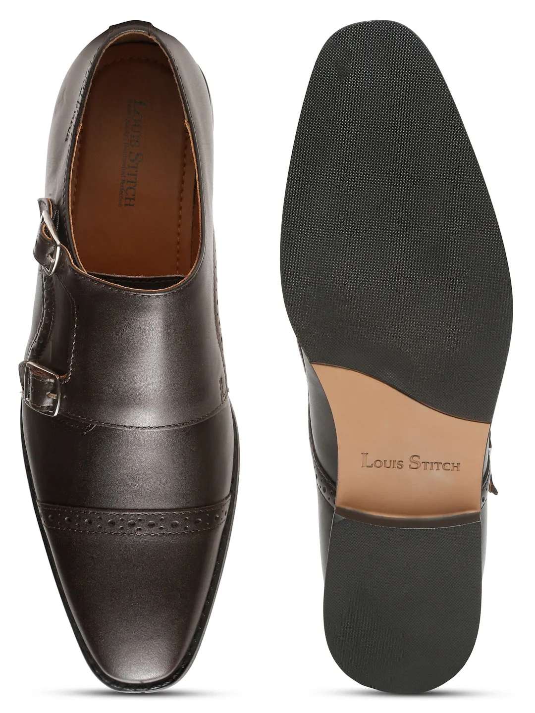 Italian Leather Double Monk Strap Brunette Brown Shoes for Men