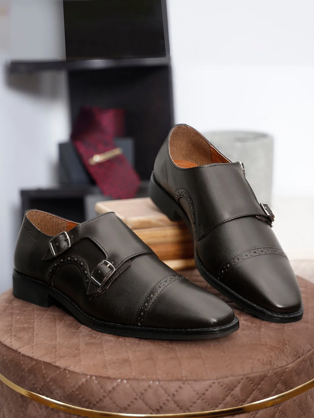 Italian Leather Double Monk Strap Brunette Brown Shoes for Men