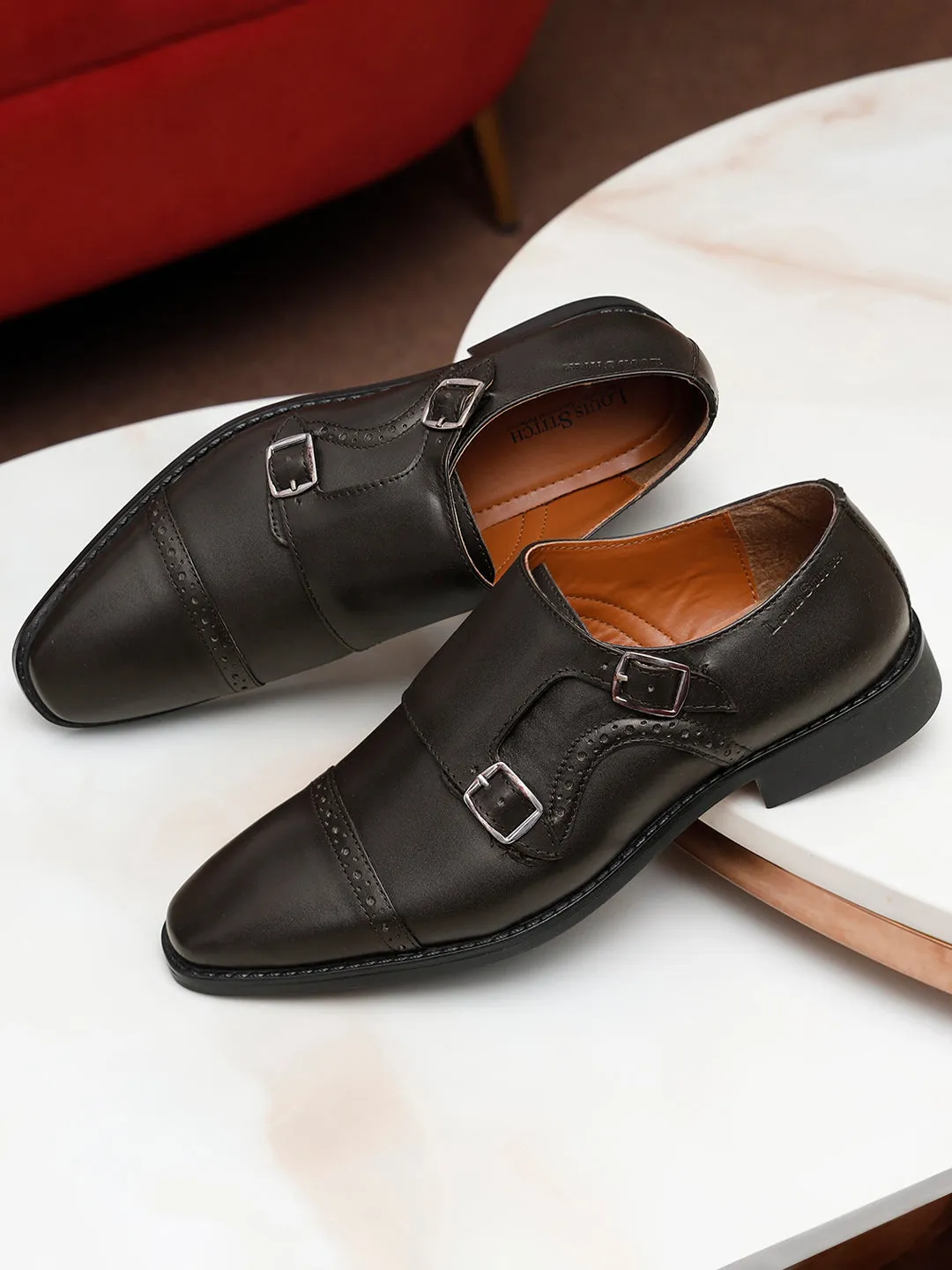 Italian Leather Double Monk Strap Brunette Brown Shoes for Men