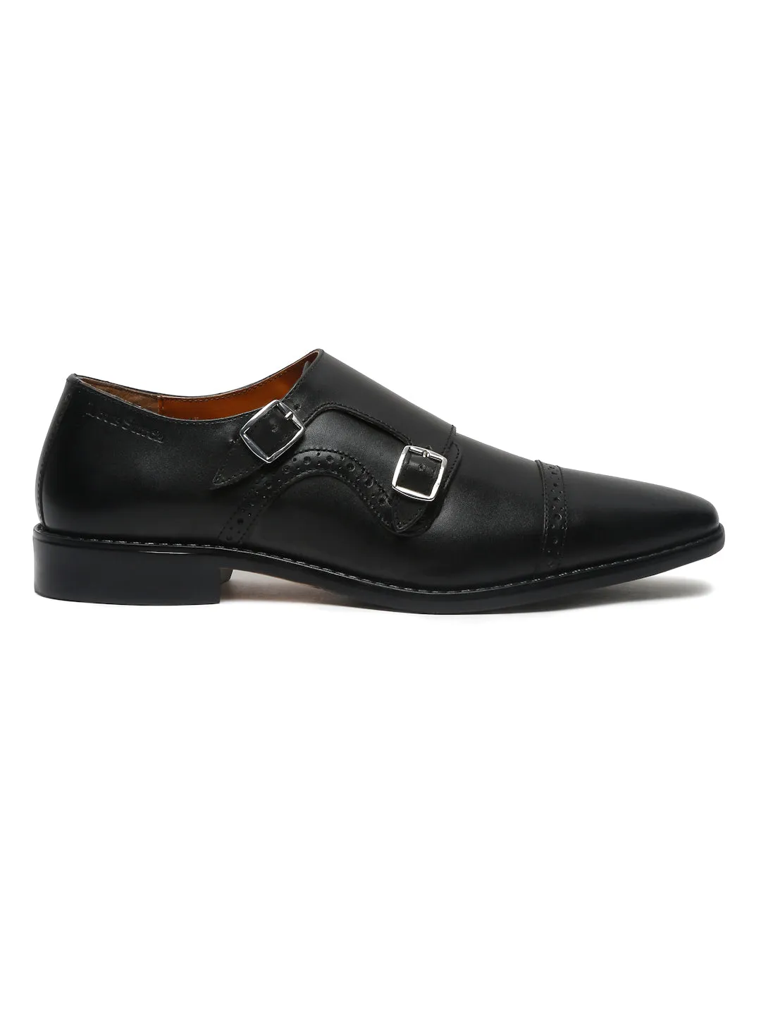 Italian Leather Double Monk Strap Jet Black Shoes for Men