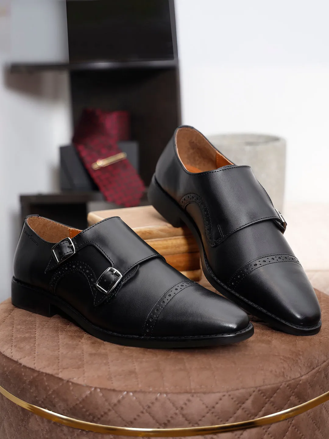 Italian Leather Double Monk Strap Jet Black Shoes for Men