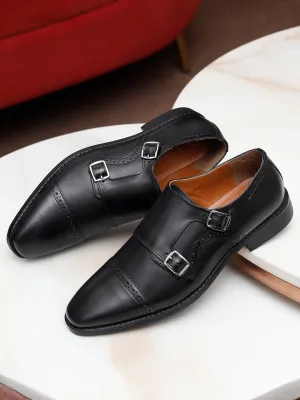 Italian Leather Double Monk Strap Jet Black Shoes for Men