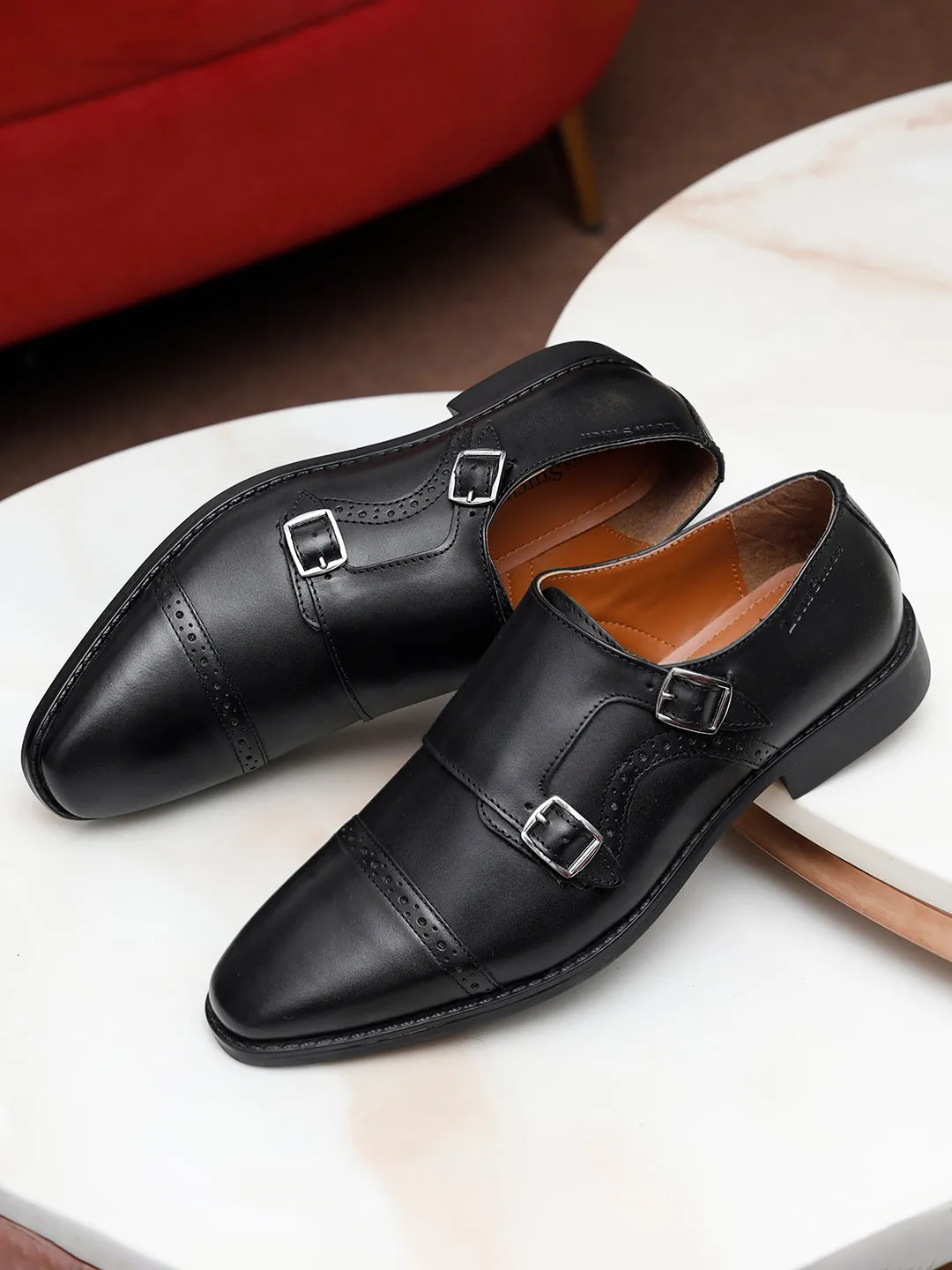 Italian Leather Double Monk Strap Jet Black Shoes for Men