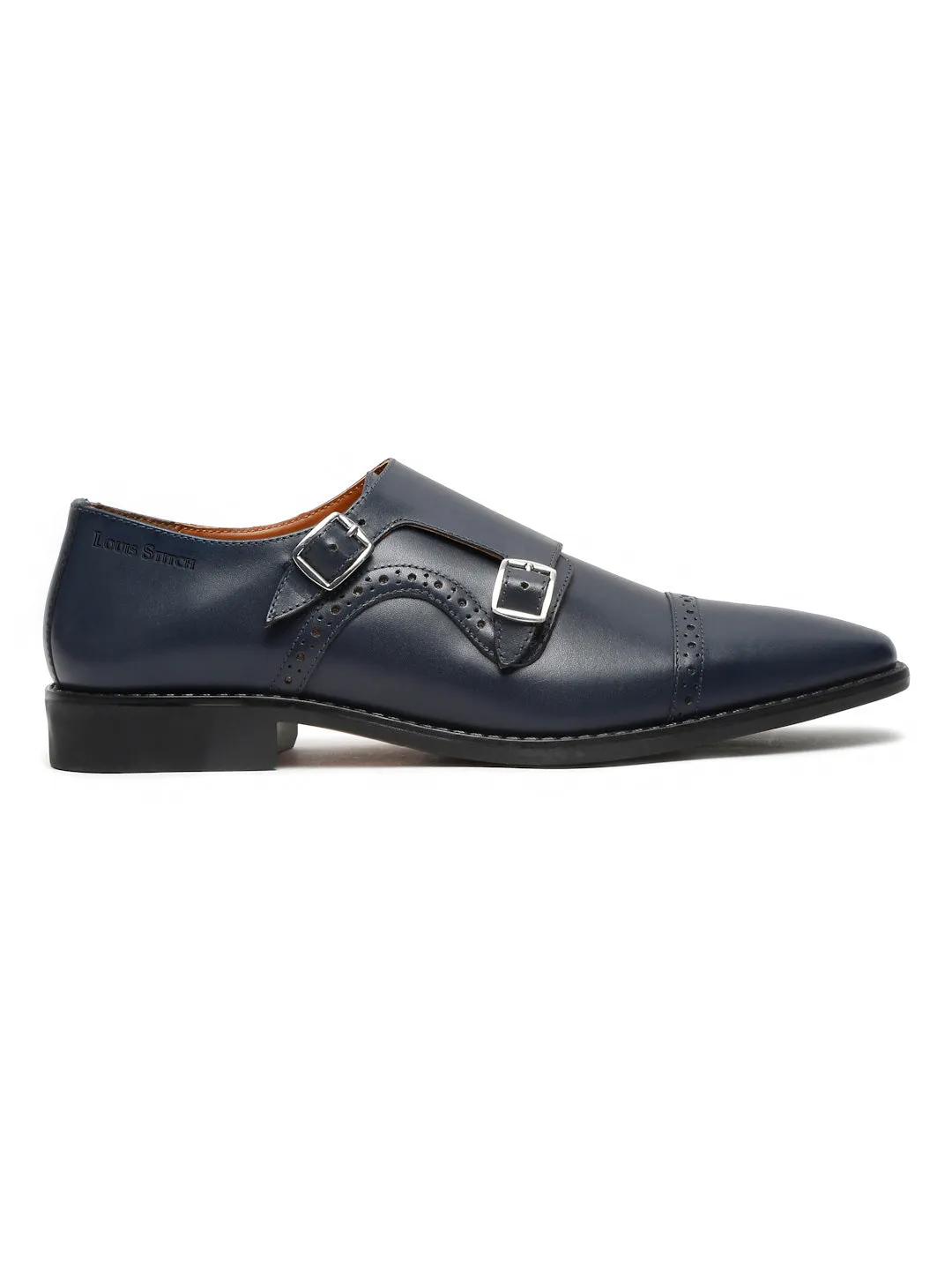Italian Leather Double Monk Strap Prussian Blue Shoes for Men