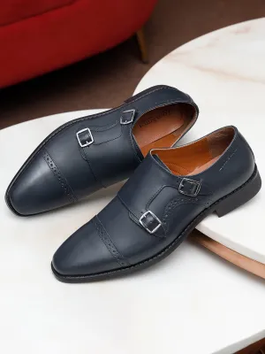 Italian Leather Double Monk Strap Prussian Blue Shoes for Men