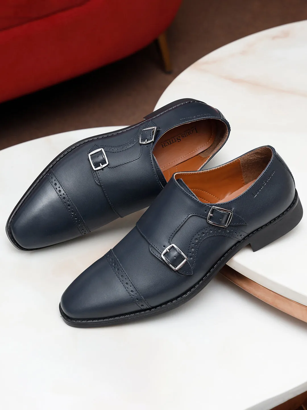 Italian Leather Double Monk Strap Prussian Blue Shoes for Men