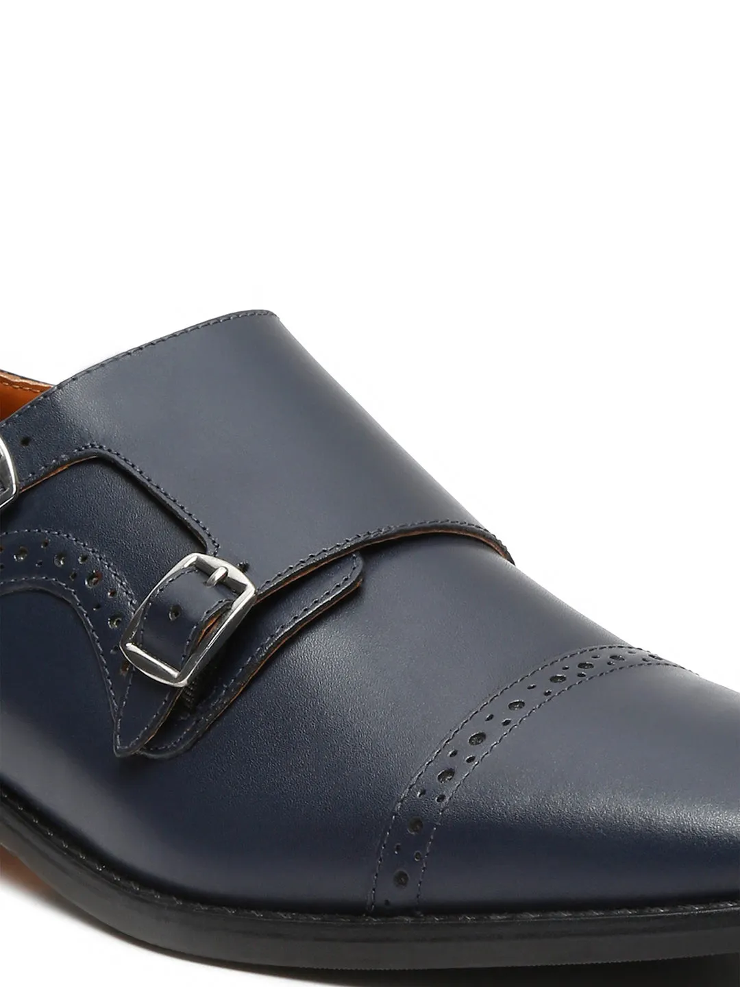 Italian Leather Double Monk Strap Prussian Blue Shoes for Men