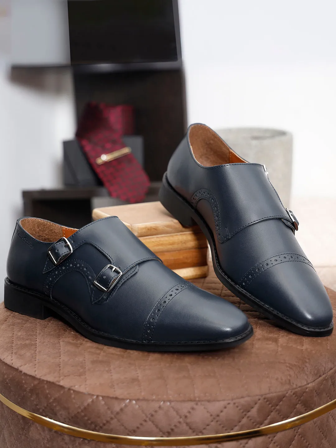 Italian Leather Double Monk Strap Prussian Blue Shoes for Men