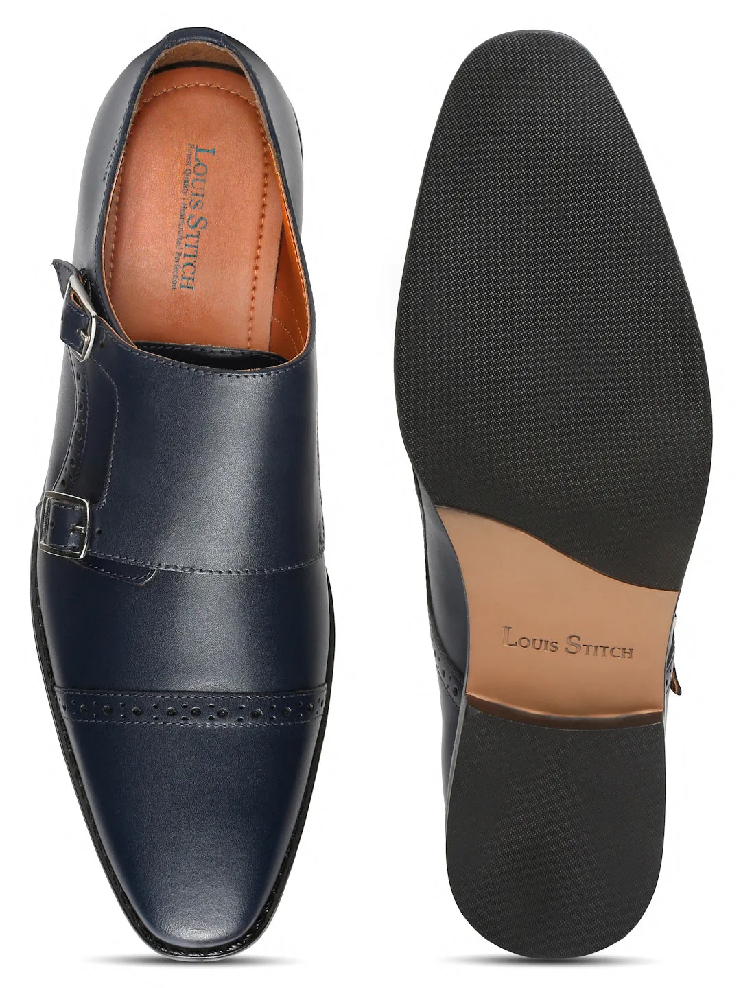 Italian Leather Double Monk Strap Prussian Blue Shoes for Men