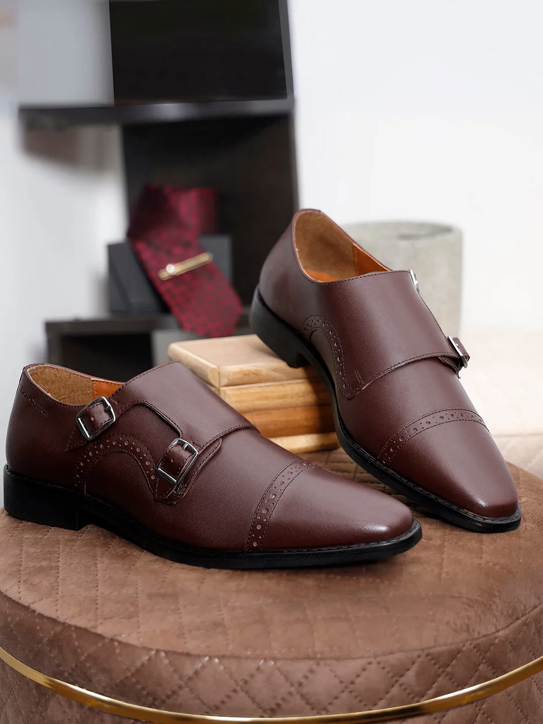Italian Leather Double Monk Strap Rosewood Shoes for Men