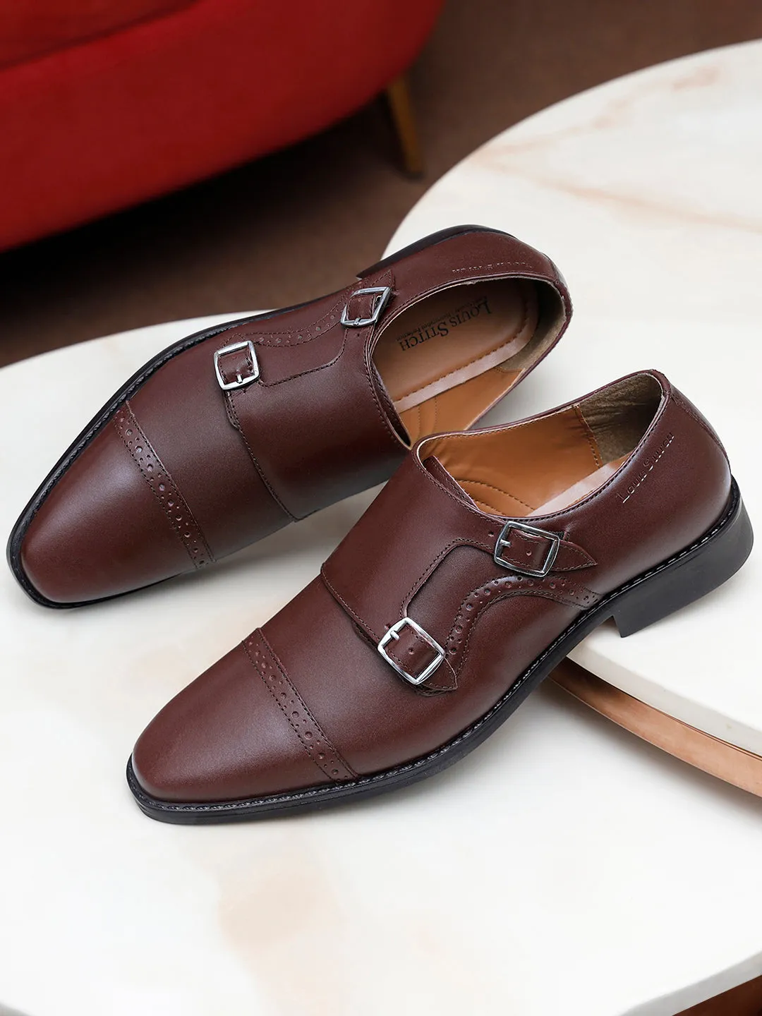 Italian Leather Double Monk Strap Rosewood Shoes for Men