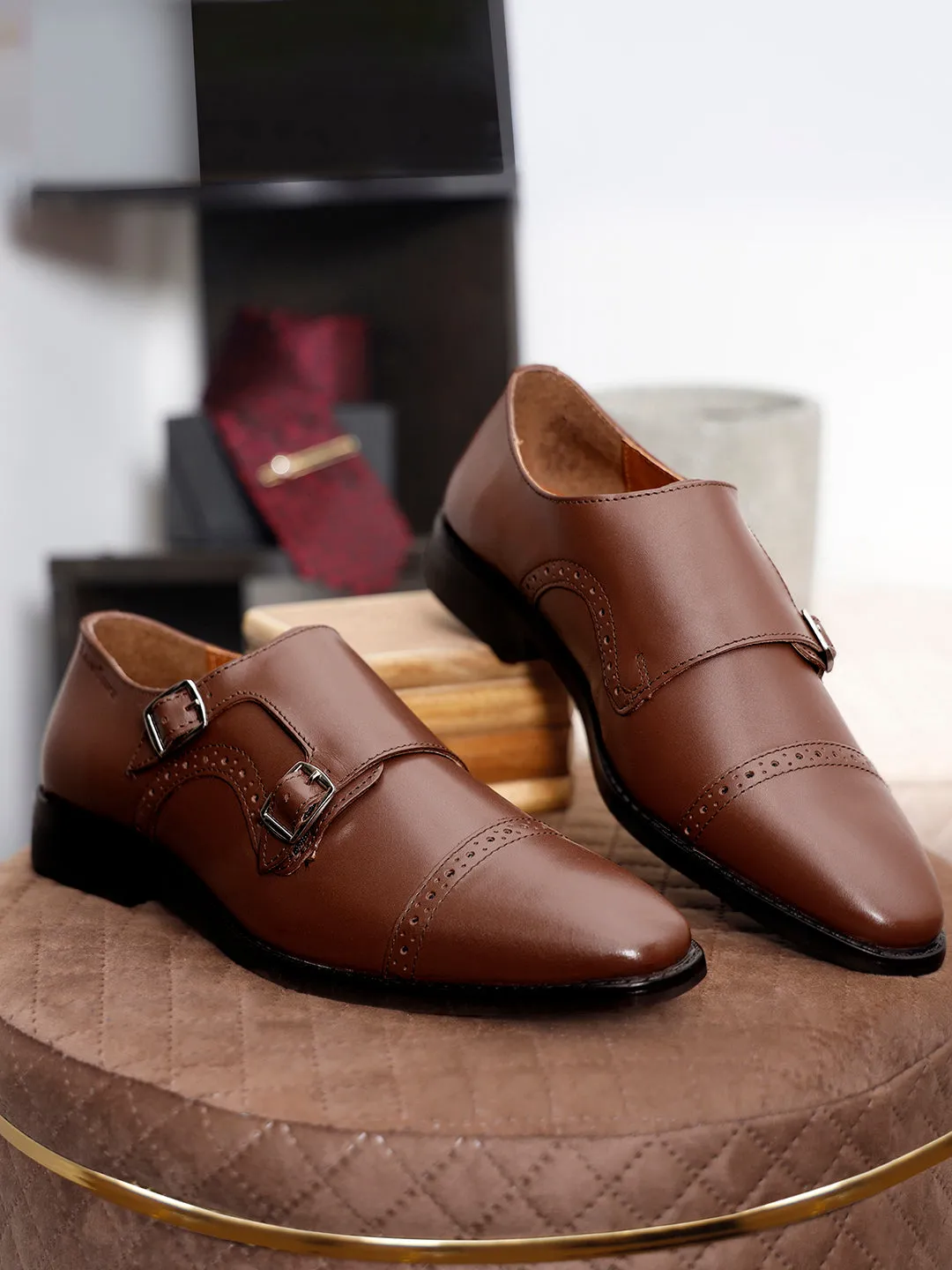 Italian Leather Double Monk Strap Russet Tan Shoes for Men