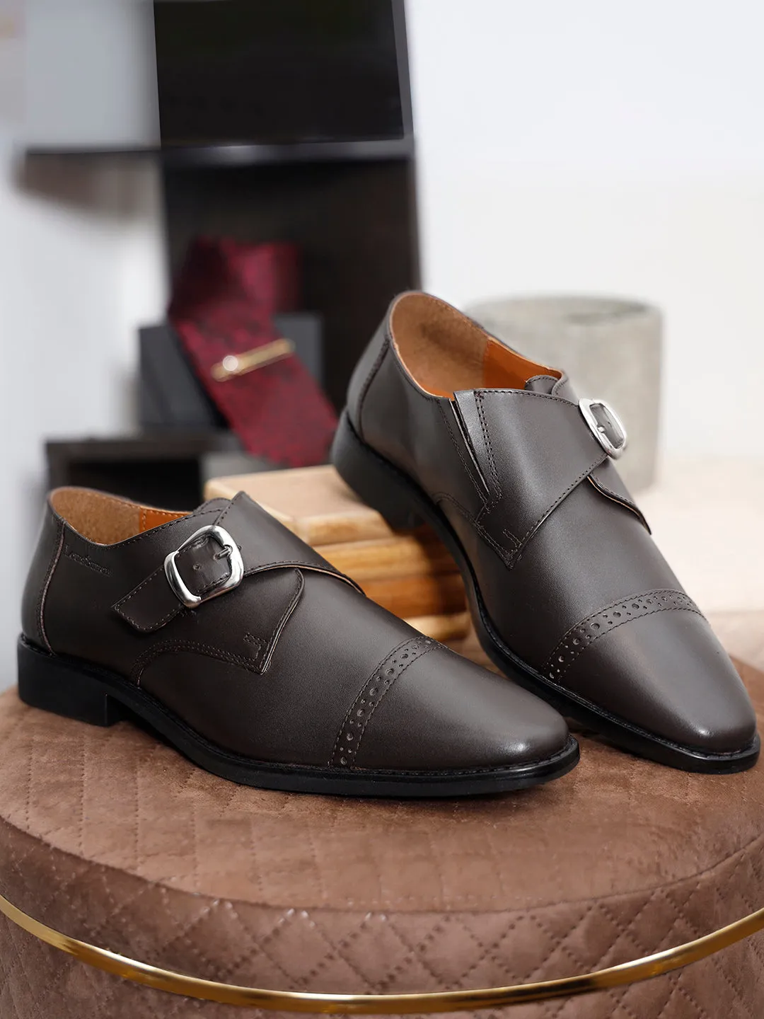 Italian Leather Single Monk Strap Brunette Brown Shoes for Men