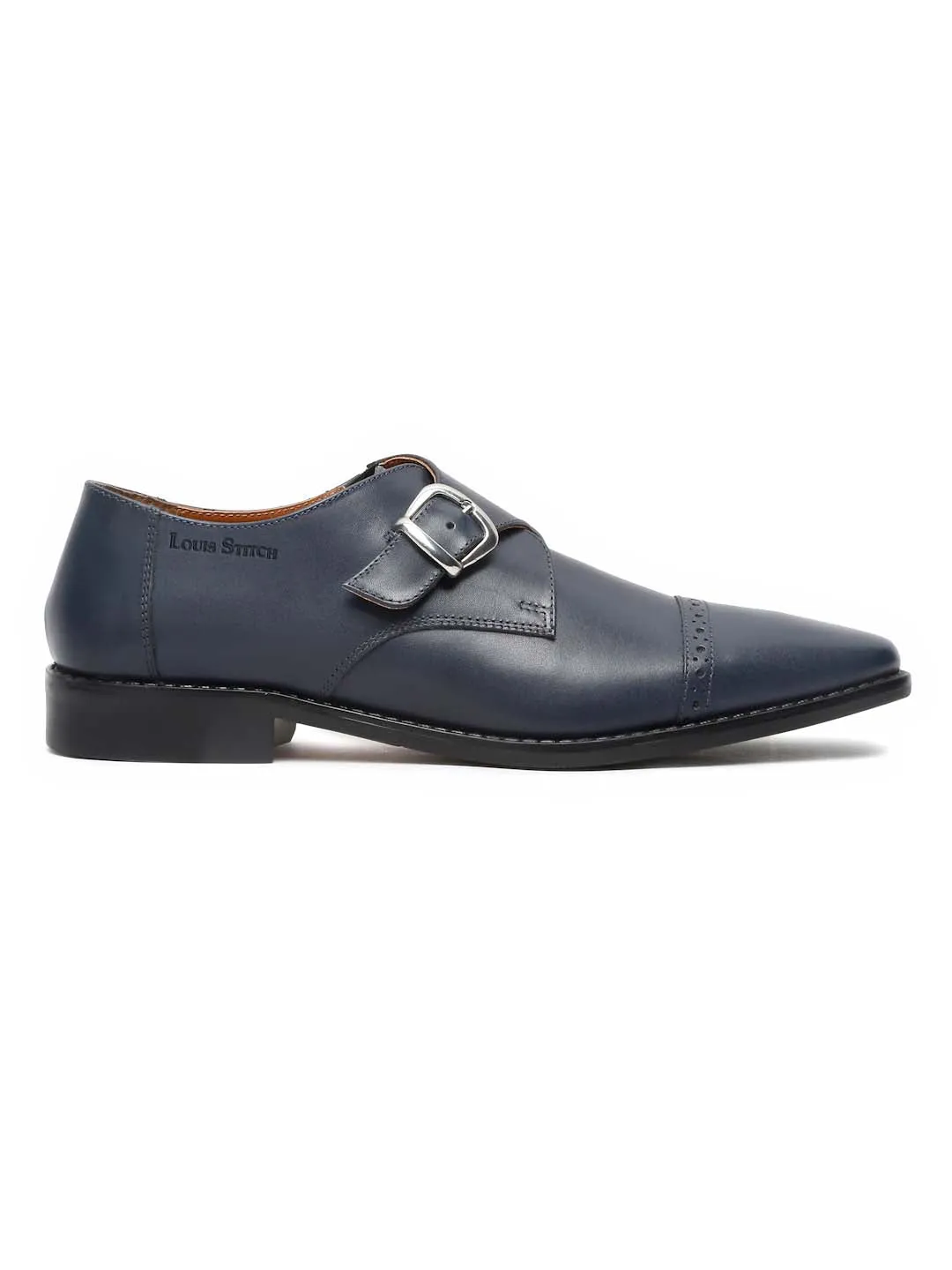 Italian Leather Single Monk Strap Prussian Blue Shoes for Men