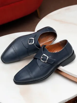 Italian Leather Single Monk Strap Prussian Blue Shoes for Men
