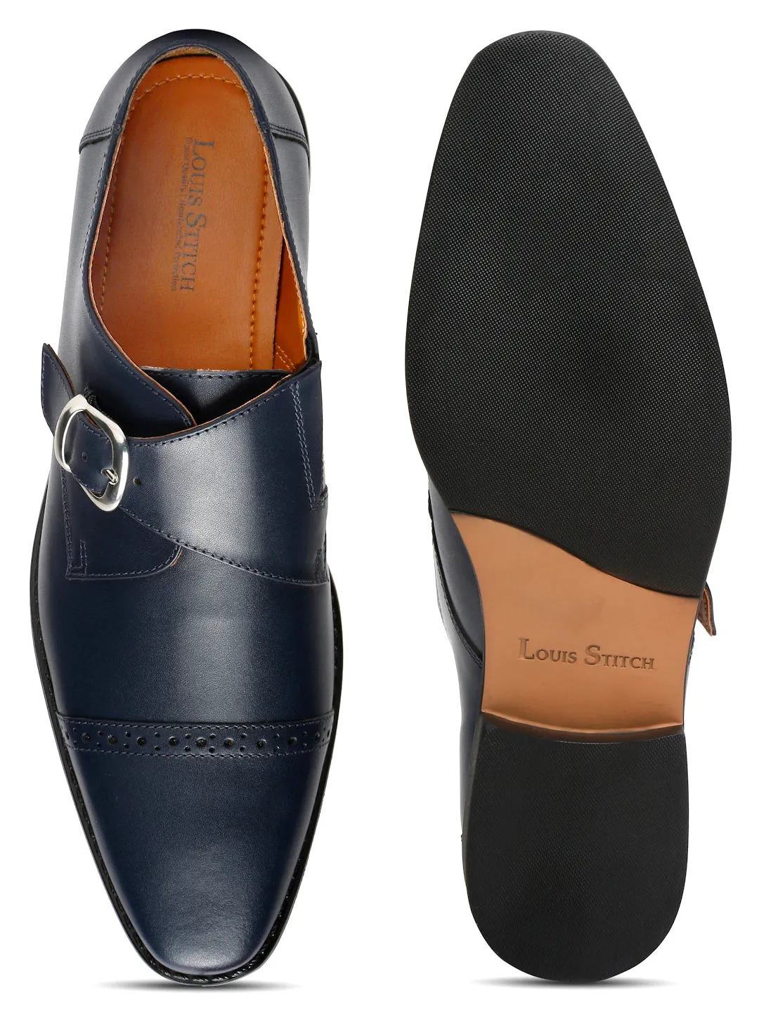 Italian Leather Single Monk Strap Prussian Blue Shoes for Men