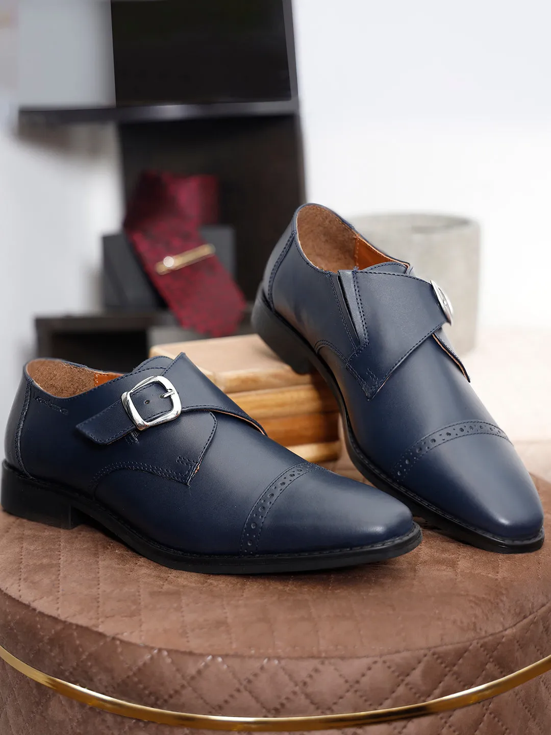 Italian Leather Single Monk Strap Prussian Blue Shoes for Men
