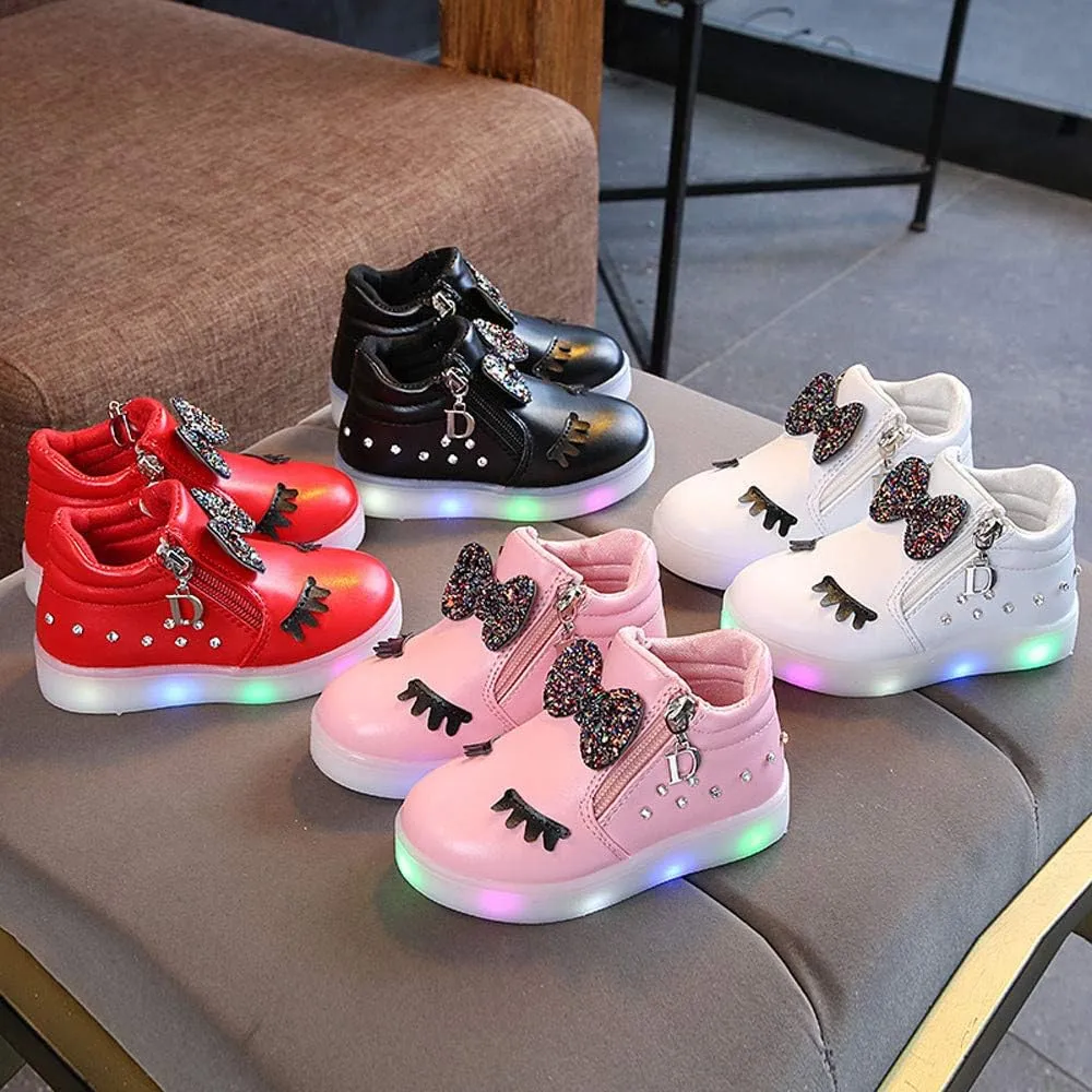 Kids Flashing Light Up Shoes for Toddler Boys Girls with Bowknot High-top Sneakers Unisex Baby Slip on Shoes