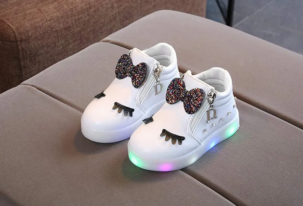 Kids Flashing Light Up Shoes for Toddler Boys Girls with Bowknot High-top Sneakers Unisex Baby Slip on Shoes