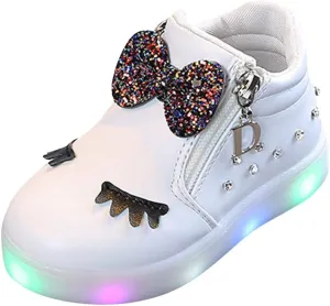 Kids Flashing Light Up Shoes for Toddler Boys Girls with Bowknot High-top Sneakers Unisex Baby Slip on Shoes