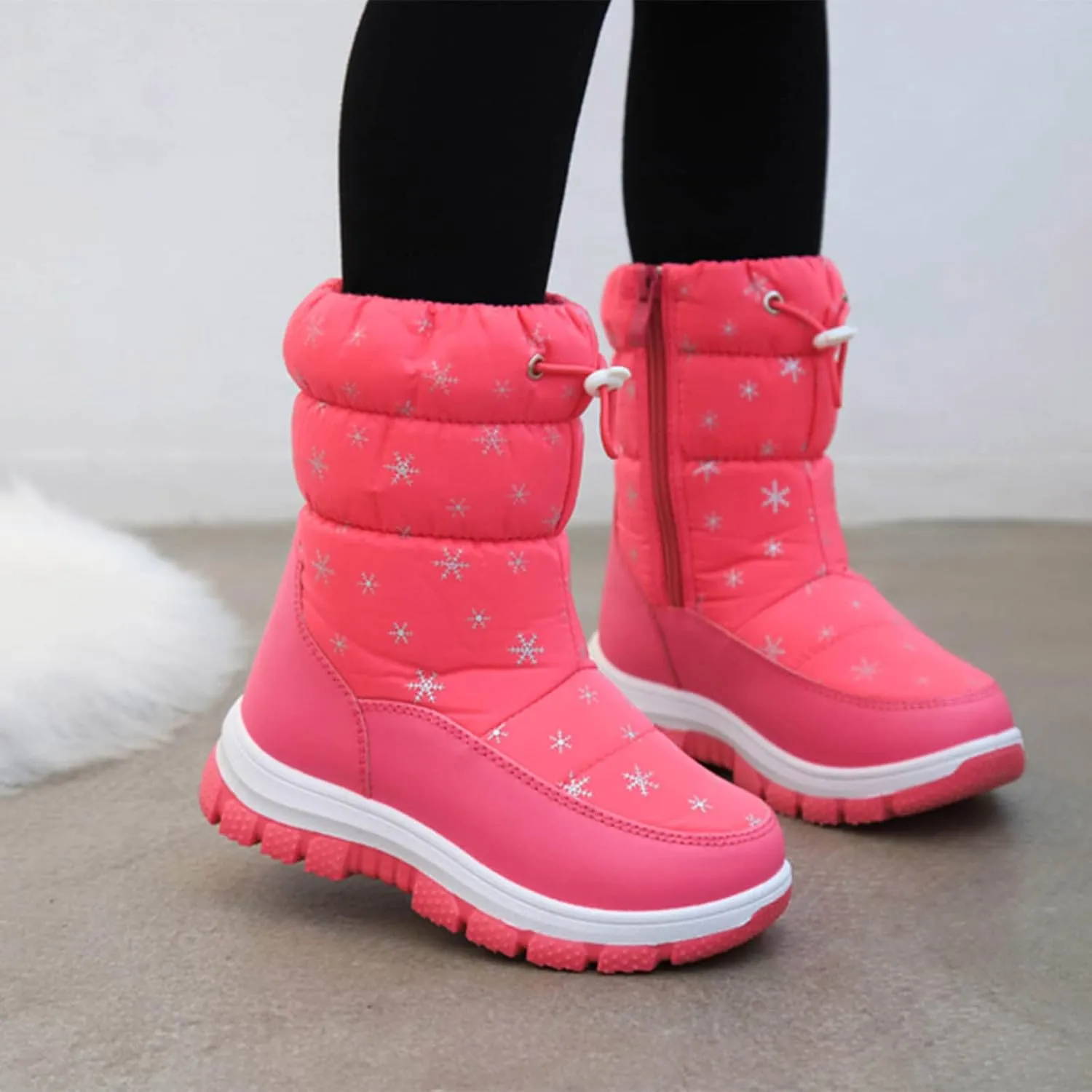 Kids Winter Thick Snowflake Snow Boots Boys Girls Soles Non Slip Mid Calf Booties Big Child Warm Hiking Shoes