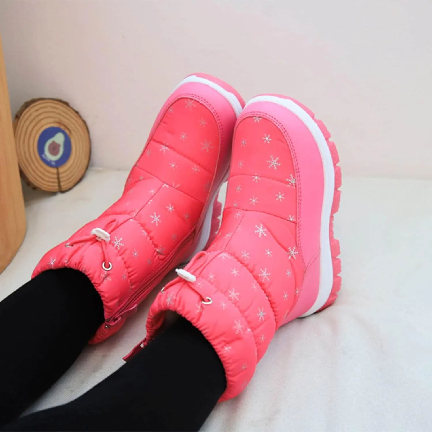 Kids Winter Thick Snowflake Snow Boots Boys Girls Soles Non Slip Mid Calf Booties Big Child Warm Hiking Shoes
