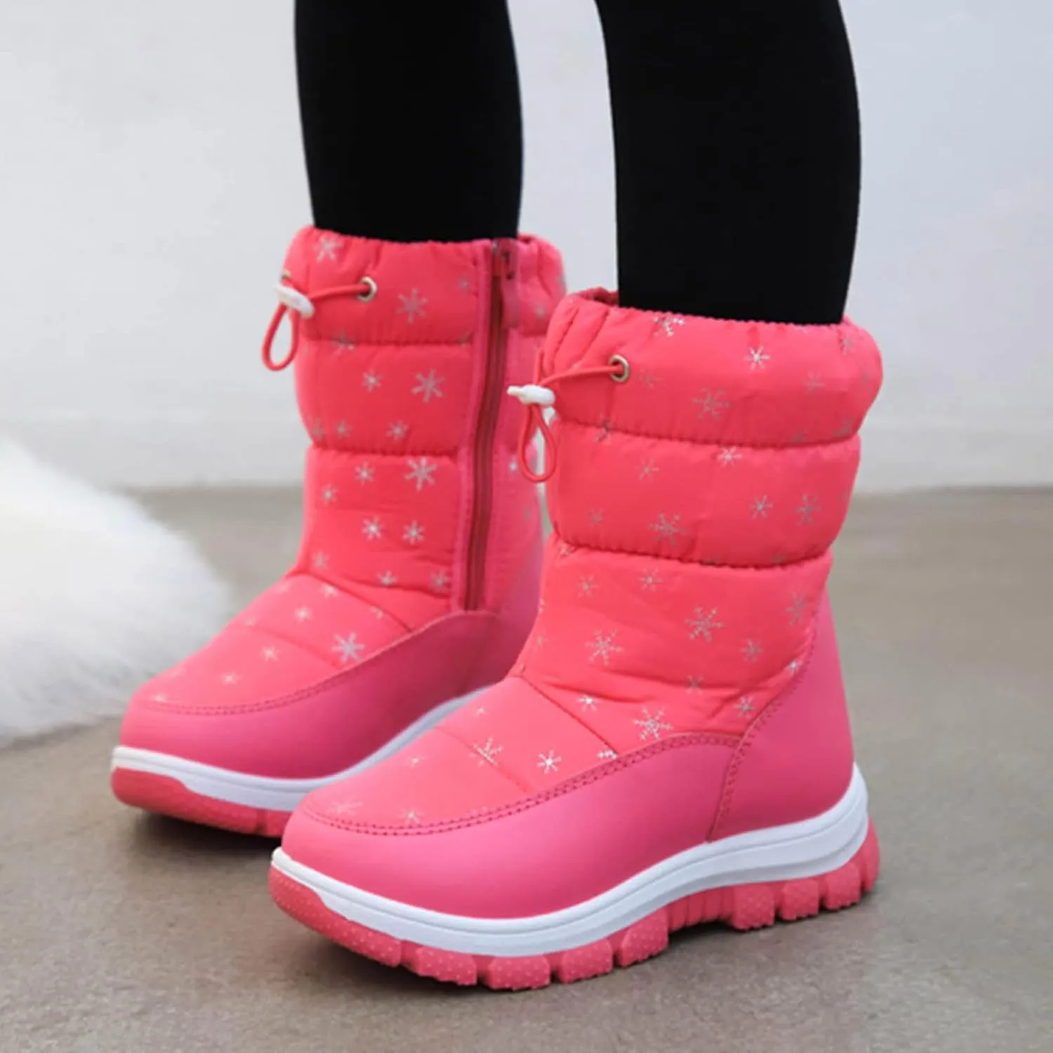 Kids Winter Thick Snowflake Snow Boots Boys Girls Soles Non Slip Mid Calf Booties Big Child Warm Hiking Shoes
