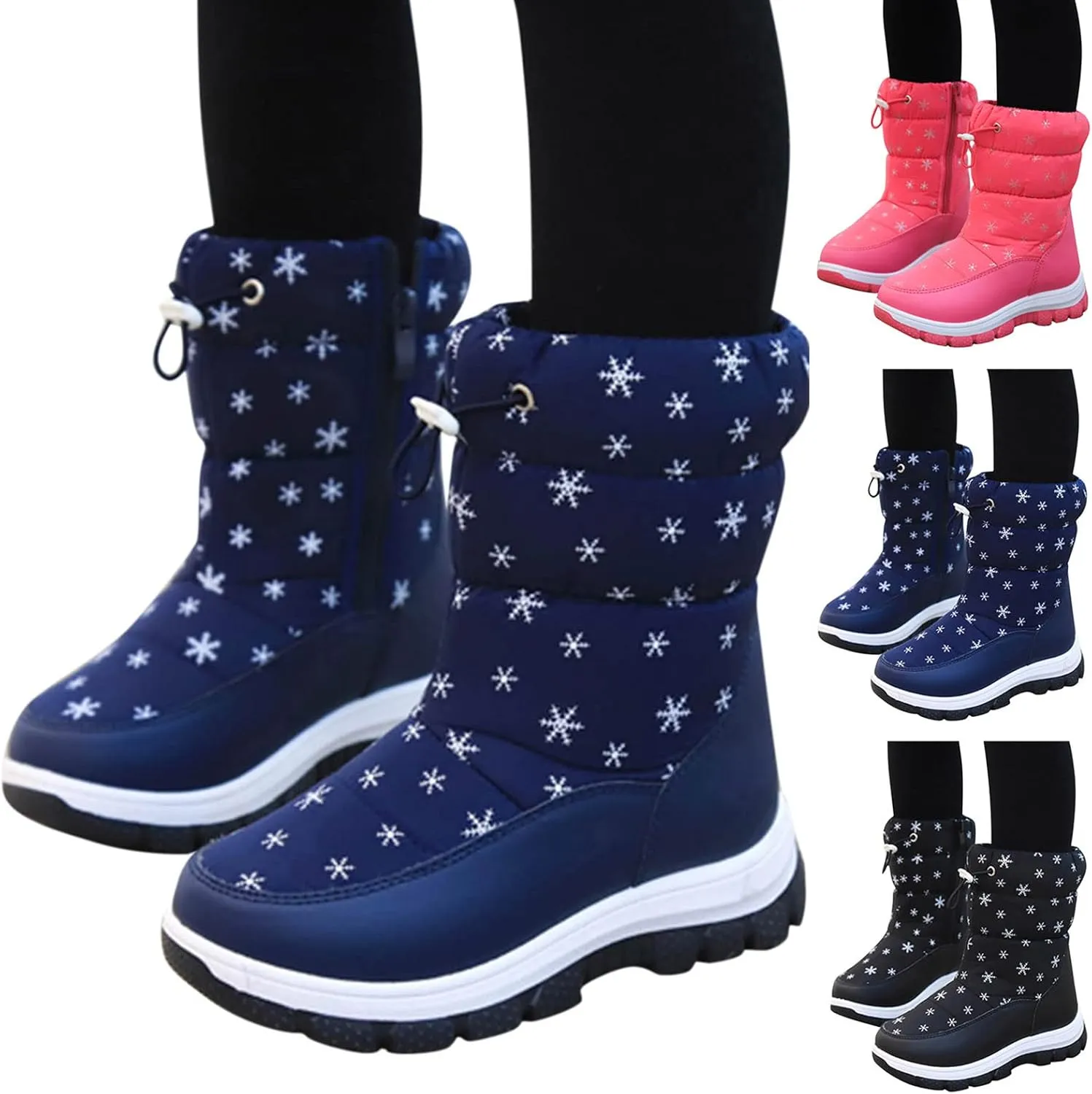 Kids Winter Thick Snowflake Snow Boots Boys Girls Soles Non Slip Mid Calf Booties Big Child Warm Hiking Shoes