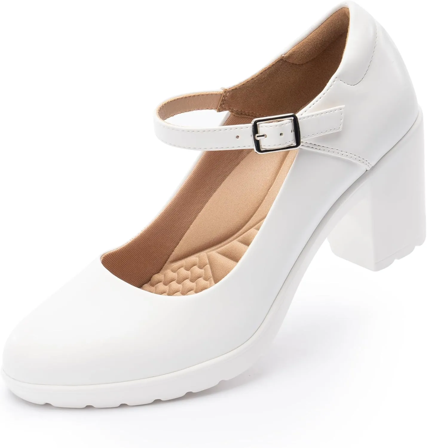 Mary Jane Heels with Arch Support, Closed Round Toe Chunky Pumps for Women, Comfortable Block Heel Dress Shoes