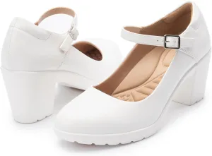 Mary Jane Heels with Arch Support, Closed Round Toe Chunky Pumps for Women, Comfortable Block Heel Dress Shoes