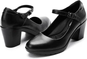Mary Jane Heels with Arch Support, Closed Round Toe Chunky Pumps for Women, Comfortable Block Heel Dress Shoes