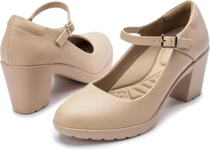 Mary Jane Heels with Arch Support, Closed Round Toe Chunky Pumps for Women, Comfortable Block Heel Dress Shoes