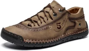 Mens Leather Casual Shoes Slip On Loafers Slipper Handmade Stitching Outdoor Mens Lace Up Loafers Shoes Walking Driving Shoes Abrasion Resistance