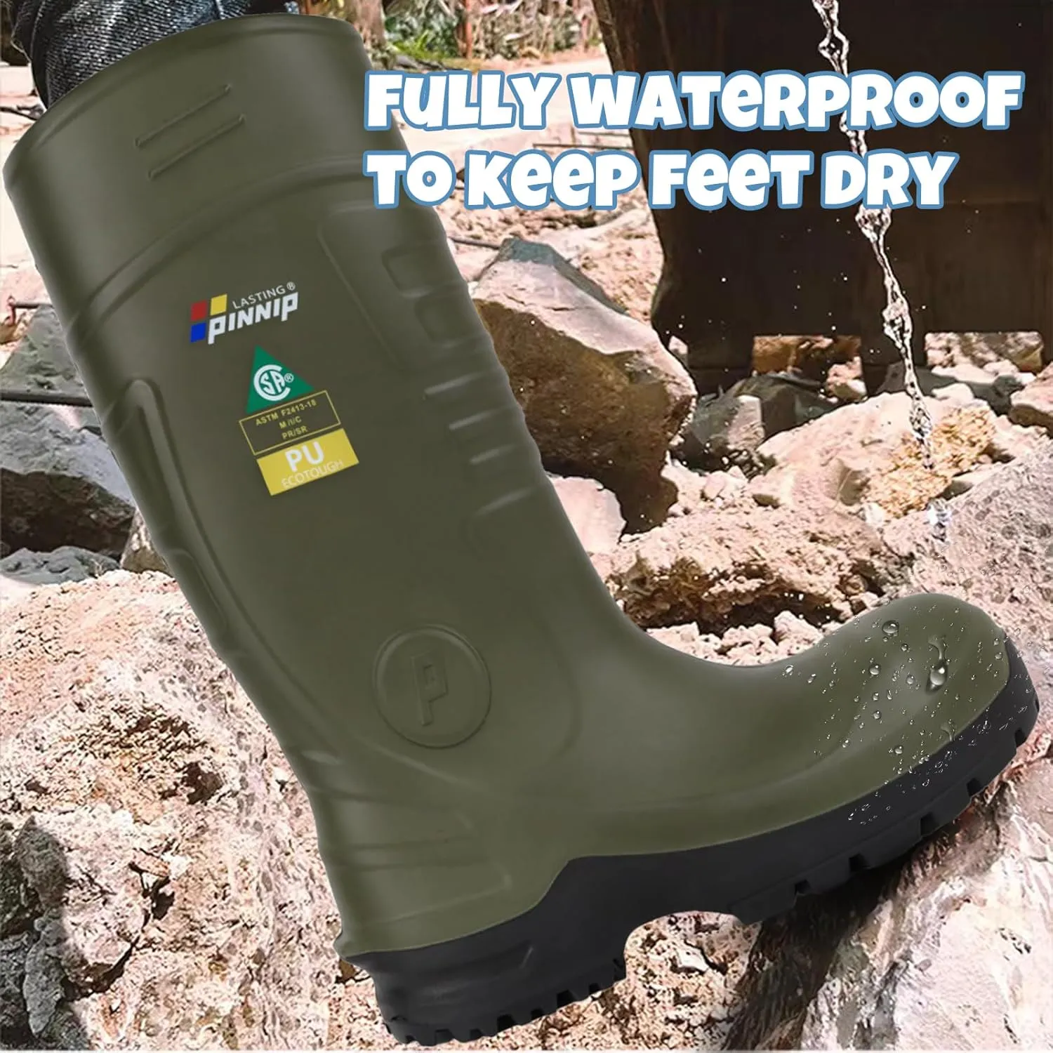 Mens PU Rubber Work Boots With Steel Toe & Shank - Waterproof Anti-slip Mud Rain Boots Hunting Boots ASTM F2413-18 Acid & Oil Resistant