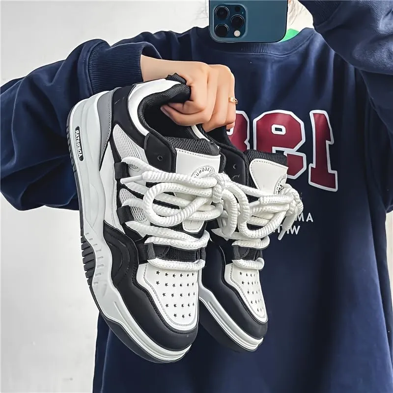 Men's Trendy Street Style Skate Shoes, Comfy Non Slip Lace Up Casual Platform Shoes for Outdoor Activities