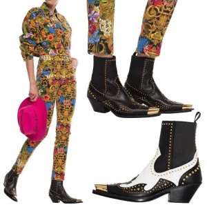 Metal Pointed Rivets Leather Ankle Boots Chunky Heel