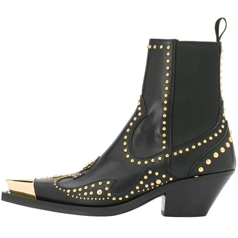 Metal Pointed Rivets Leather Ankle Boots Chunky Heel