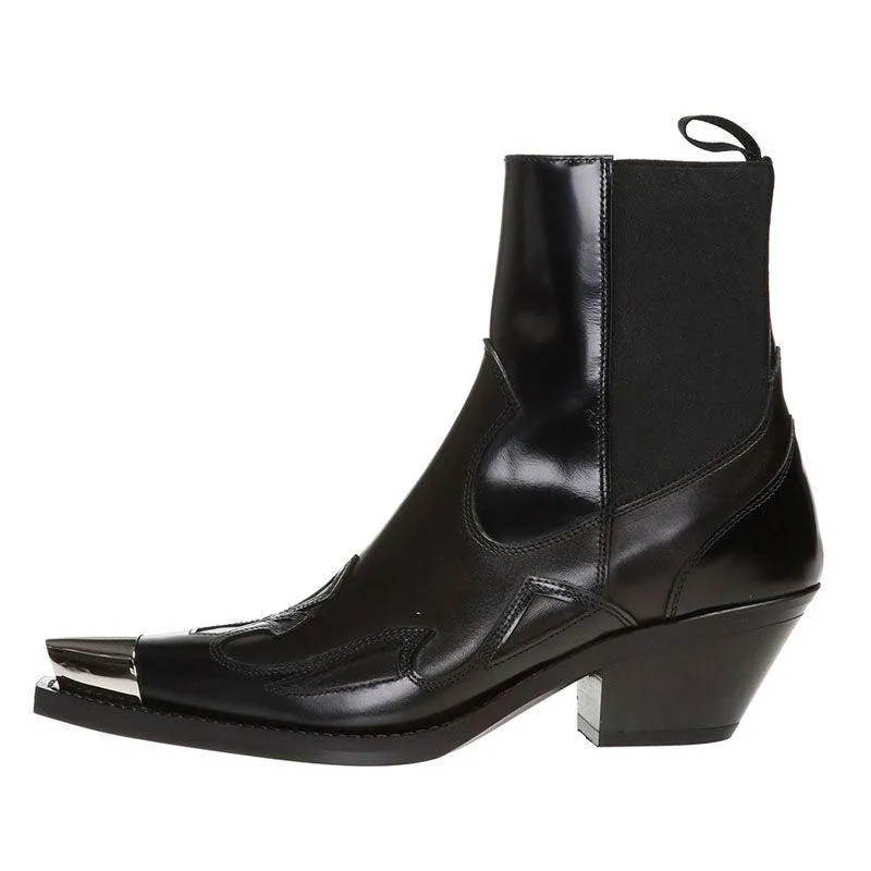 Metal Pointed Rivets Leather Ankle Boots Chunky Heel