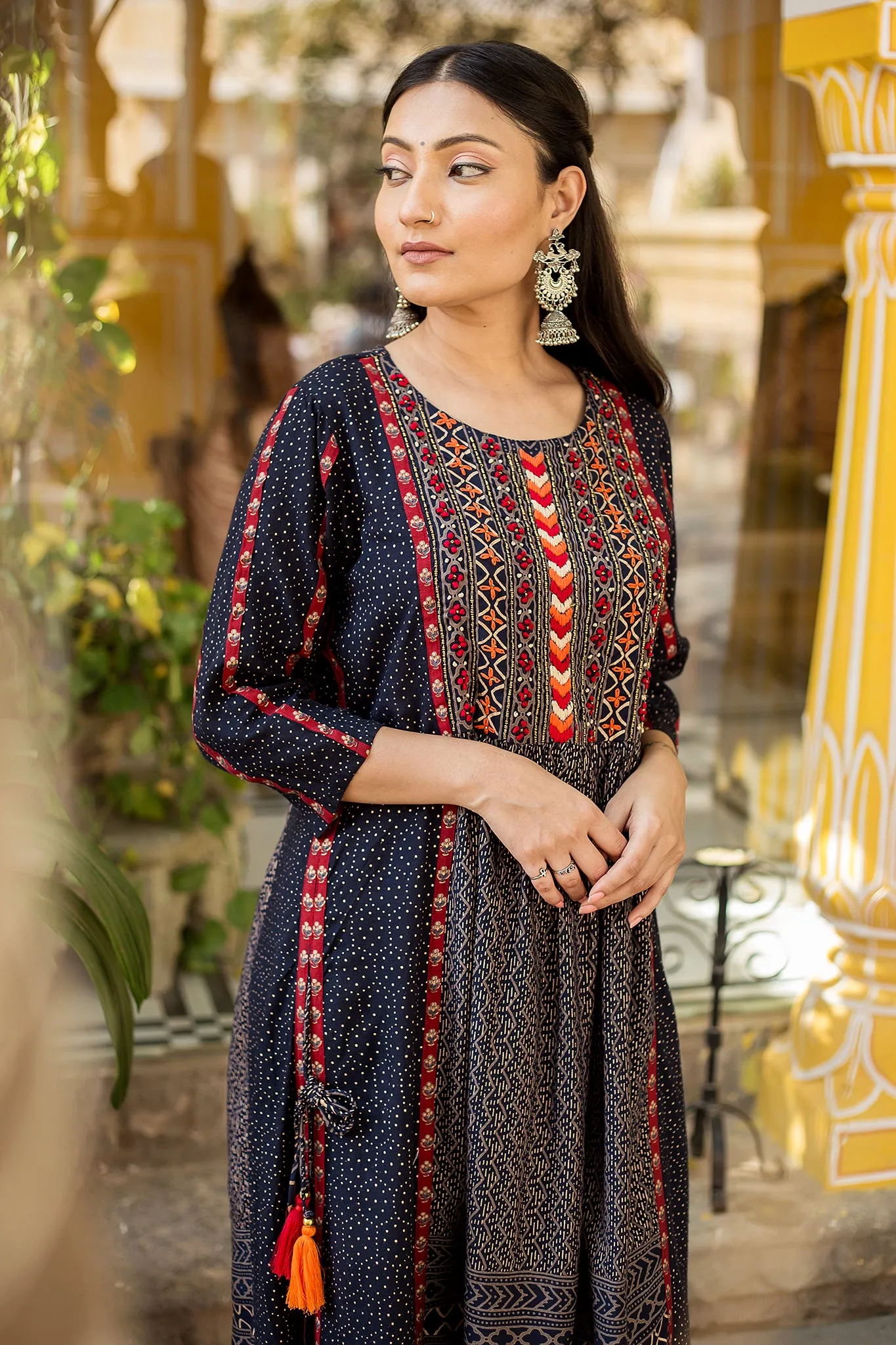 Nazakat Women's Navy Blue Color Muslin A-line Kurta