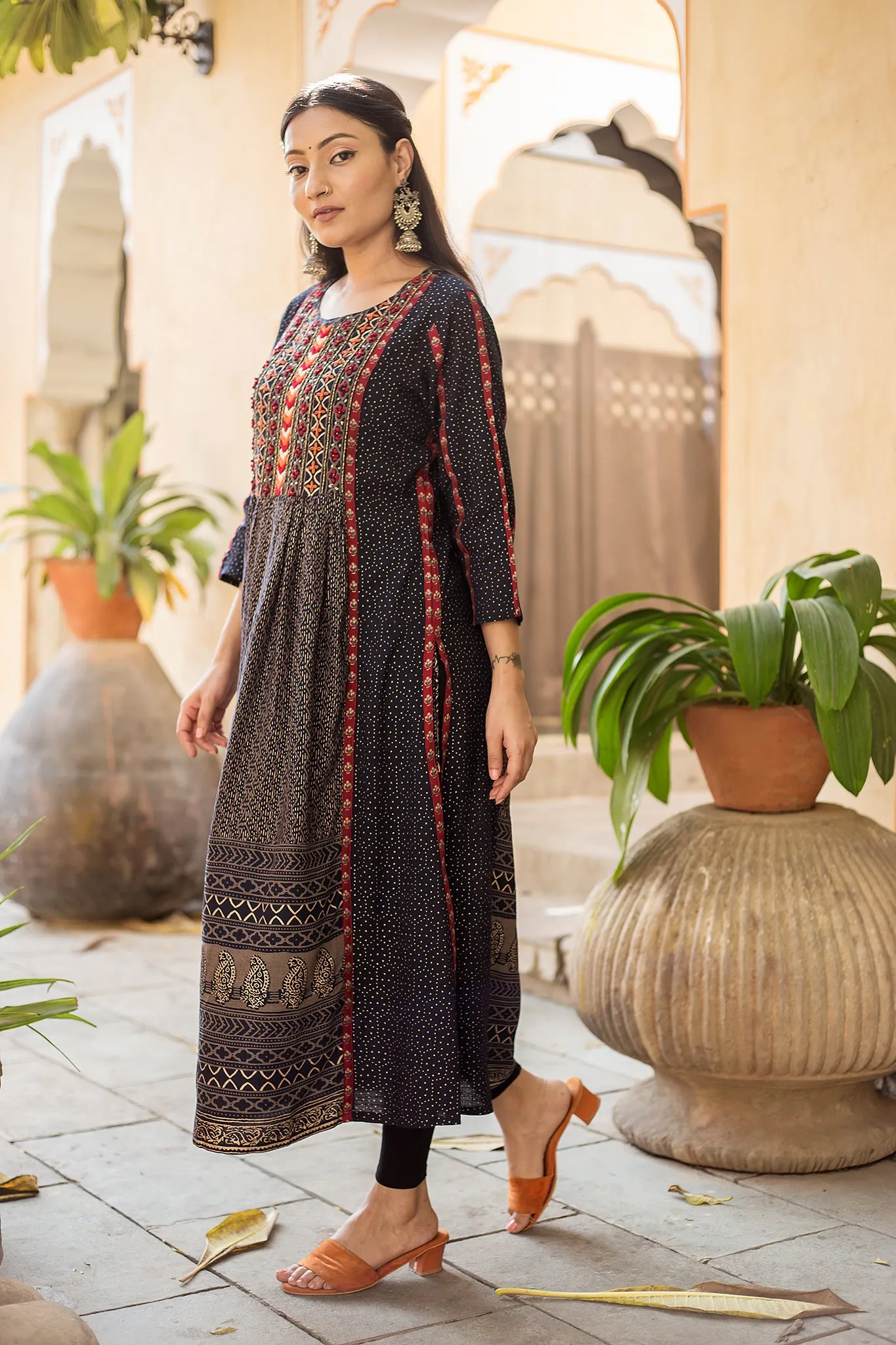 Nazakat Women's Navy Blue Color Muslin A-line Kurta