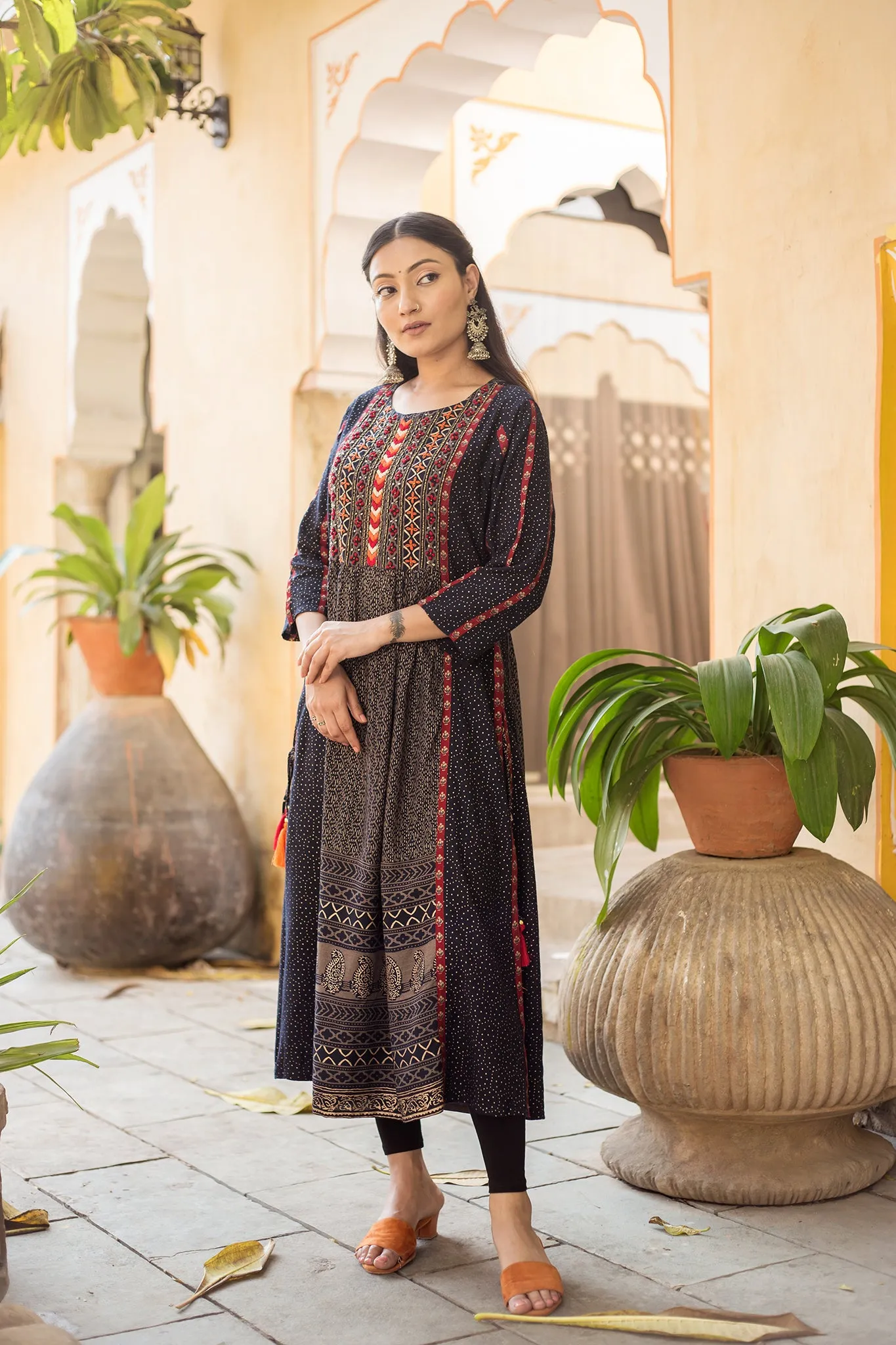 Nazakat Women's Navy Blue Color Muslin A-line Kurta