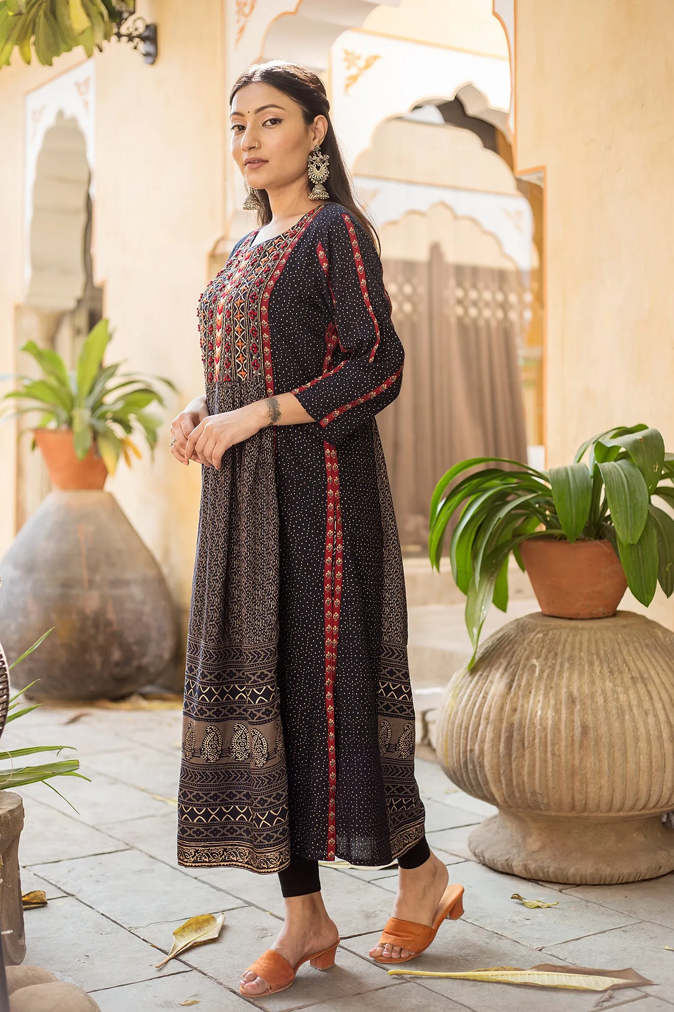 Nazakat Women's Navy Blue Color Muslin A-line Kurta
