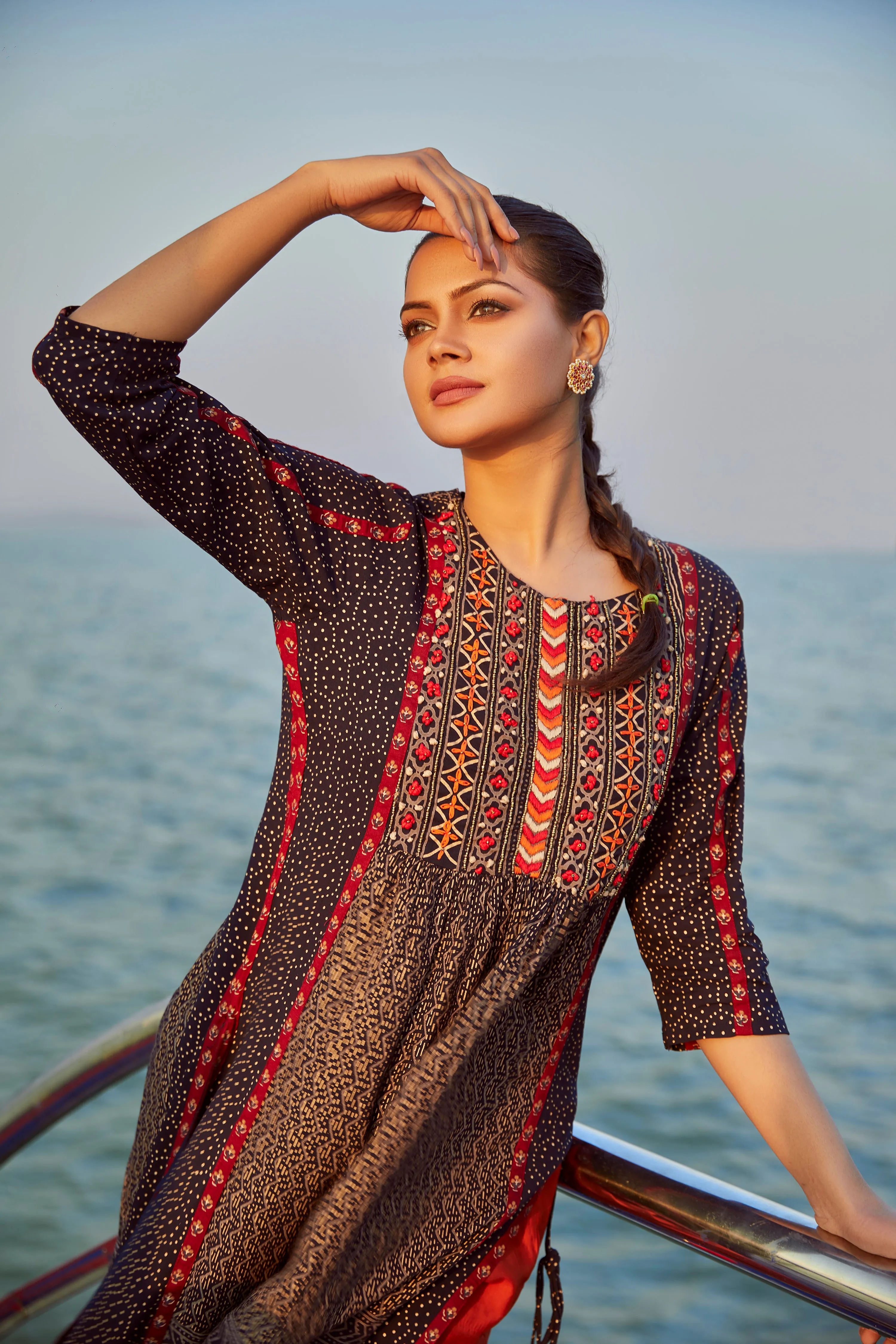 Nazakat Women's Navy Blue Color Muslin A-line Kurta