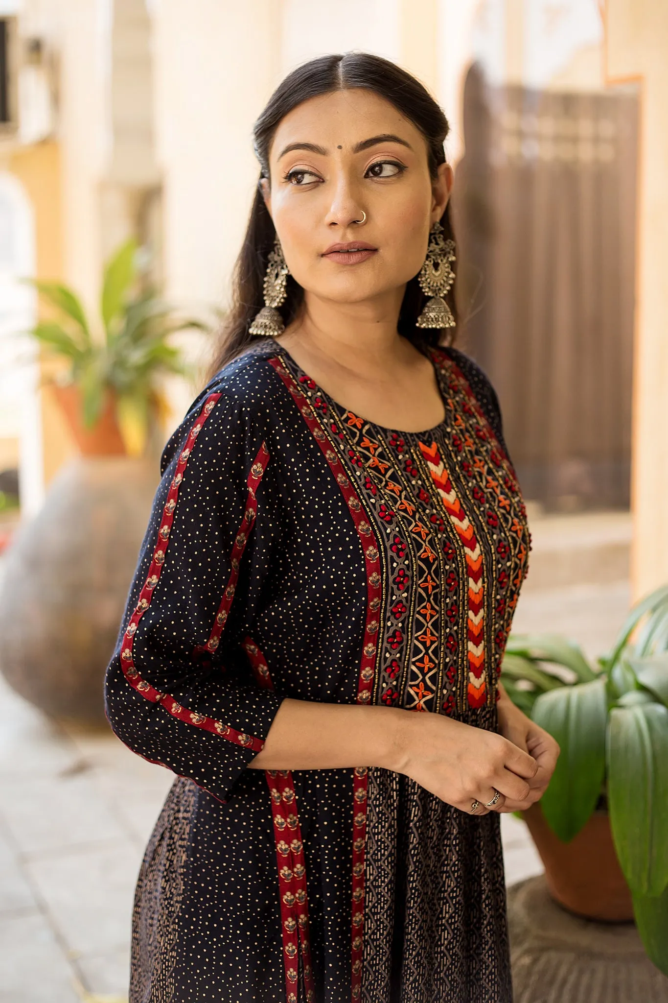 Nazakat Women's Navy Blue Color Muslin A-line Kurta