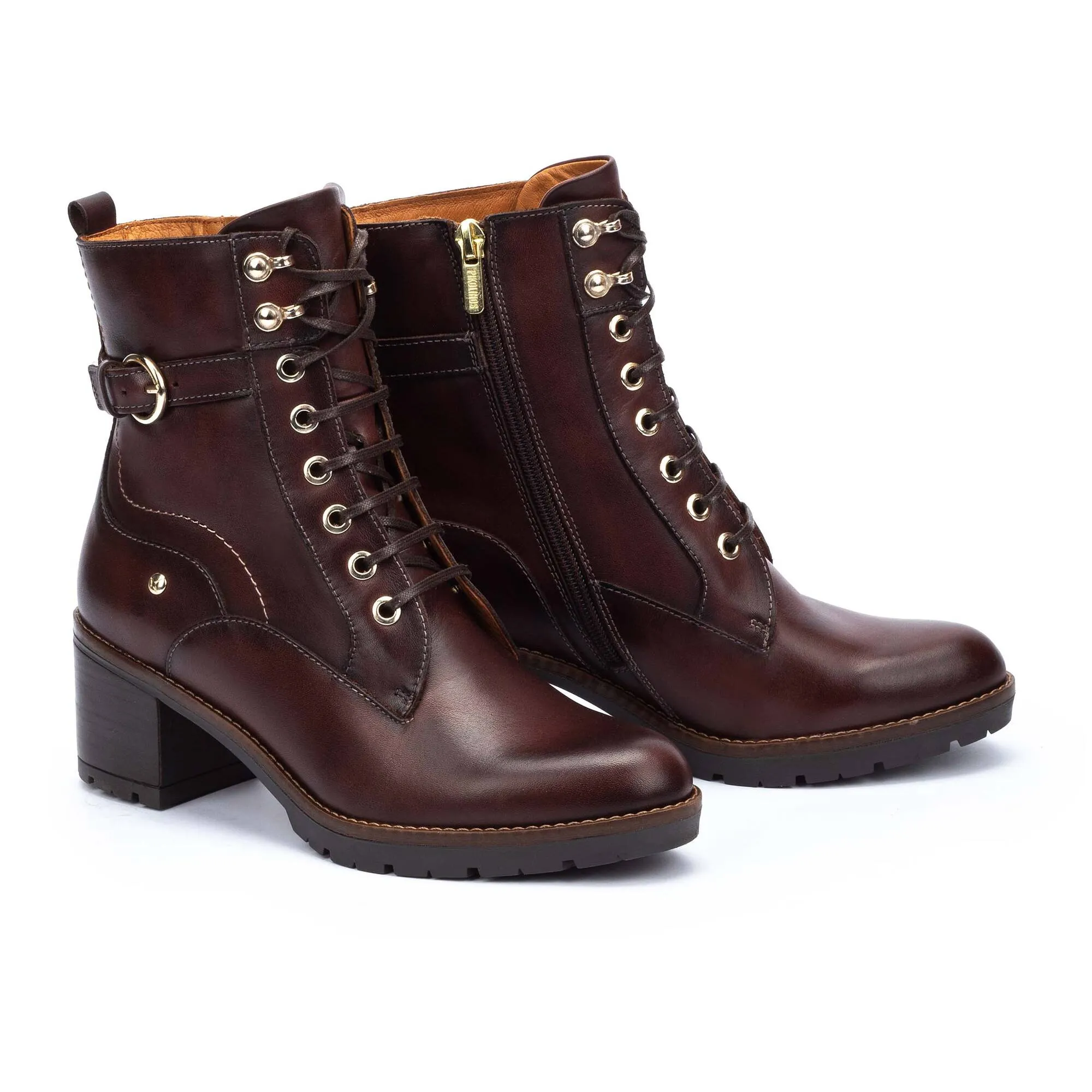 Pikolinos Llanes W7H-8510 Ladies Caoba Brown Leather Zip & Lace Ankle Boots