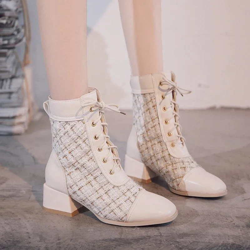Round Toe Thick Heel Women's Boots With Front Lace Lattice