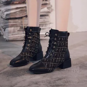 Round Toe Thick Heel Women's Boots With Front Lace Lattice
